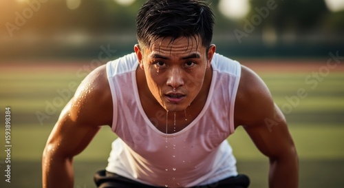 Determined athlete ready to start race on track feeling the burn