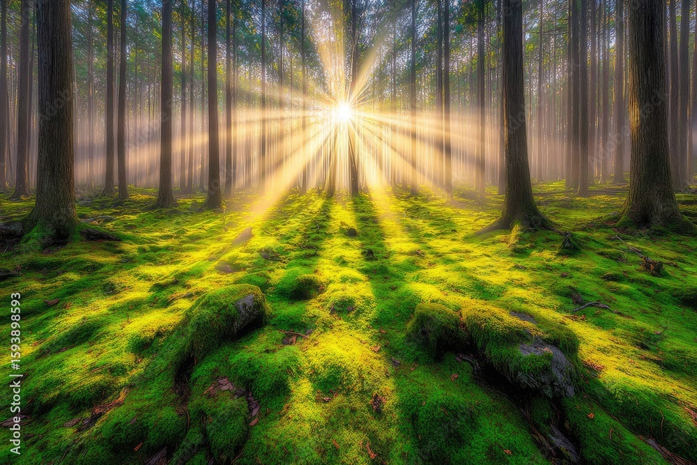 Fototapeta premium Sunlight beams through a misty forest floor covered in vibrant moss