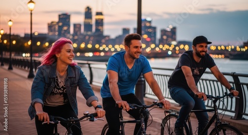 Three happy friends enjoying a scenic bike ride along the river at sunset