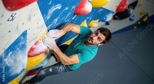 Athletic man training for climbing competition on indoor rock climbing wall with colorful holds