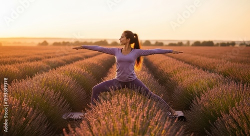 Woman Practicing Warrior Pose in a Beautiful Lavender Field at Sunrise