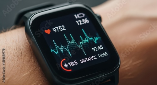 Smartwatch Displaying Real Time Heart Rate and Activity Data with Digital Fitness Tracking