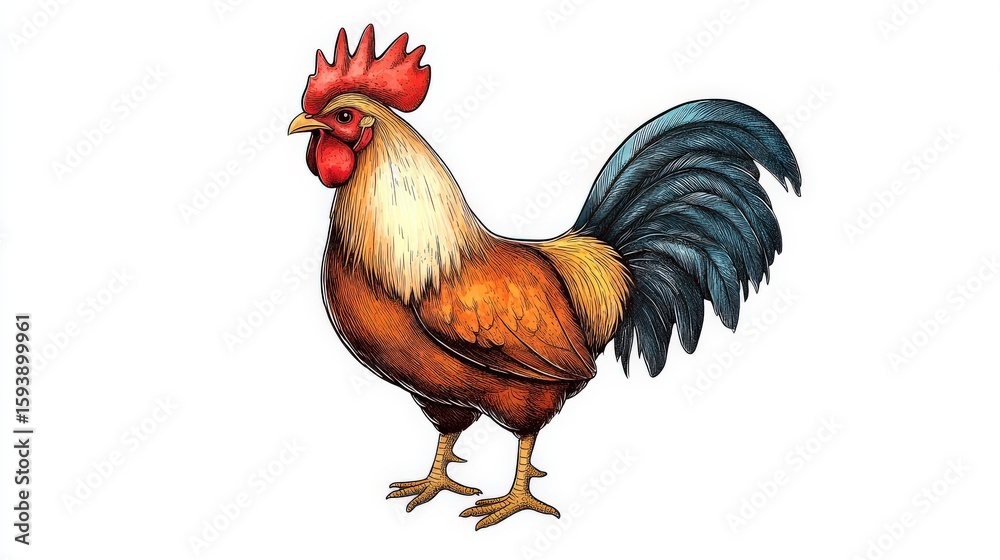 Fototapeta premium A brown rooster illustrated in rustic, hand-drawn style with textured strokes and minimal shading, designed for logo use on a white background.