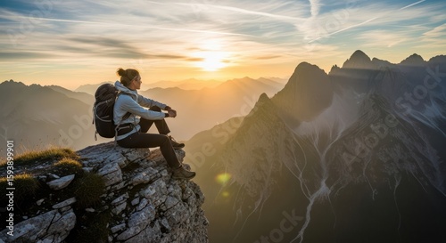 A Woman Enjoys a Serene Sunset While Sitting on a Mountain Peak with a Backpack