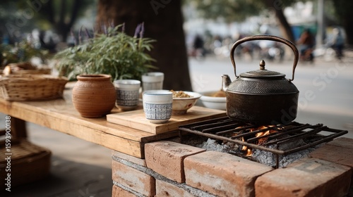 Outdoor Tea Ceremony, Street Setting, Boiling Kettle, Herbal Remedies, Busy Background