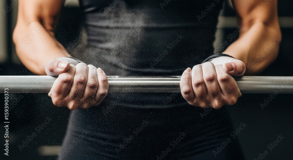 Fototapeta premium Preparing for a powerful weightlifting session with chalk-dusted hands gripping the barbell