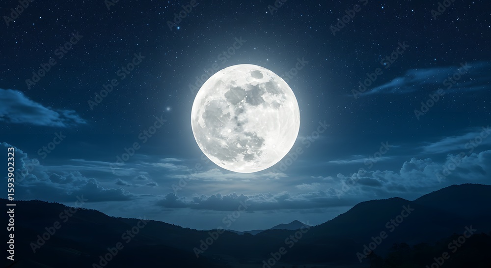 Fototapeta premium Majestic Full Moon Over Mountain Silhouette, Starry Night Sky.