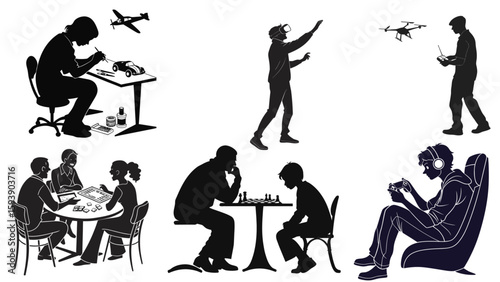 Vector set of game and technology hobby silhouettes and icons.