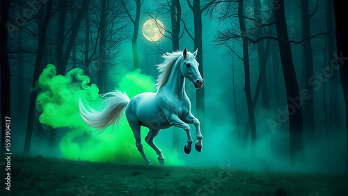 A white horse galloping through a dark forest under a full moon with green smoke behind it
