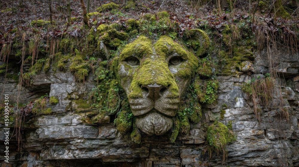 Stone lion head covered in moss Stone lion head covered in moss