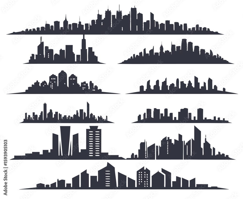 Obraz premium Urban cityscape silhouettes vector illustration. Night town skyline or black city buildings isolated on white background