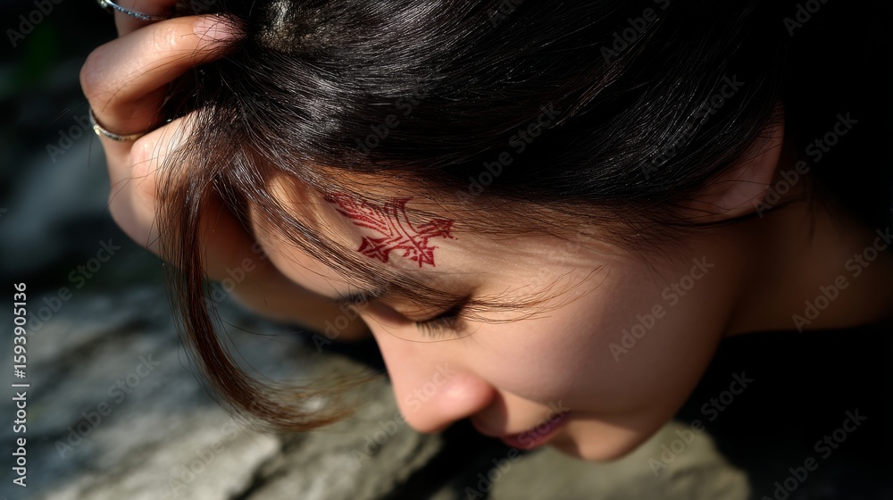 Fototapeta premium Serene Devotion - Traditional Religious Symbol on Forehead in Harsh Daylight, Low-Angle Tilt-Shift Shot with Environmental Composition