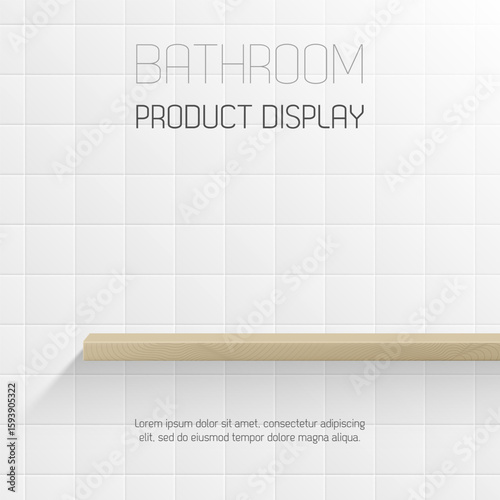 Minimal bathroom interior with white ceramic tiles and floating wood shelf for product mockup or display podium of shampoo, soap, toothpaste, skincare and cleaning supplies. branding showcase