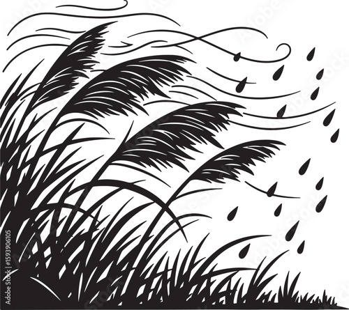 Black and white illustration of reeds blowing in a stormy weather scene