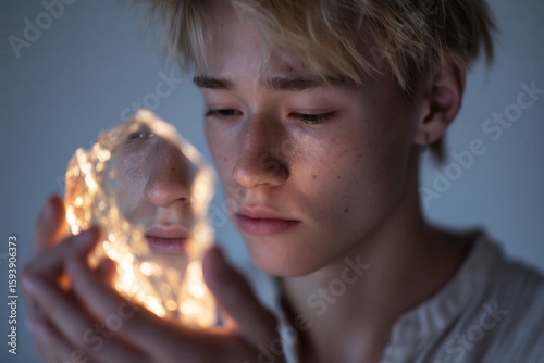 A person holds a broken mirror shard reflecting a younger, pained self. This image symbolizes integrating fragmented parts of the self with compassion