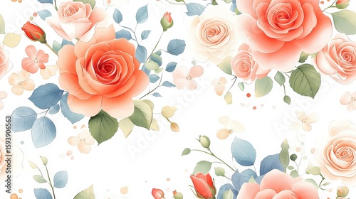 Clean seamless pattern of hand-drawn vintage roses with soft pastel hues, glowing petals, and whimsical floral details in a dreamy style.