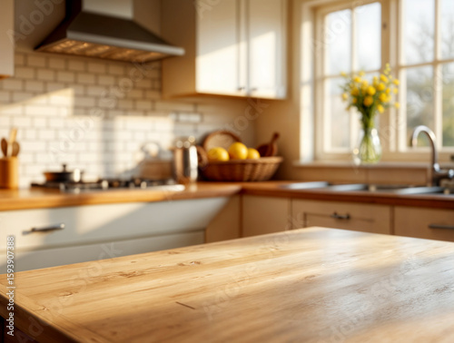 Wooden tabletop with blurred warm kitchen background and sunlight.