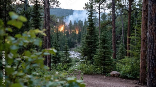 Forest Fire Burns Behind Trees in Rocky Mountain Area