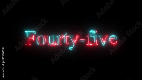 glowing neon number fourty five animation. Blue and red neon futuristic effect and black background video animation .