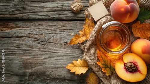 Wallpaper Mural Flat lay of Peach Maple syrup on rustic linen with golden maple leaves, fresh peach halves, and a simple label for a cozy, premium print ad. Torontodigital.ca