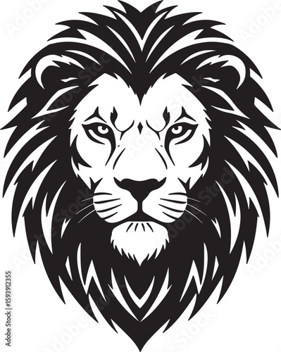Majestic black and white lion head graphic symbolizing strength courage and royalty