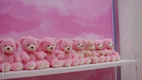 Pink Teddy Bears on Display, Pastel Paradise, Cute Toys, Adorable Display, Soft Plush, Pink Room