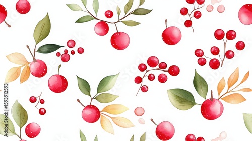 Light pastel berry elements painted in soft watercolor strokes. Seamless boho pattern with elegant background, great for wall surface design.
