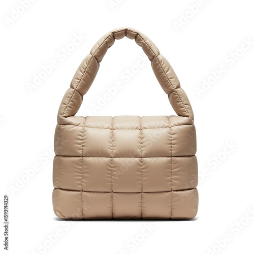 puffy quilted polyester bag from italy, square form and minimalist lines, text free, isolated on white background