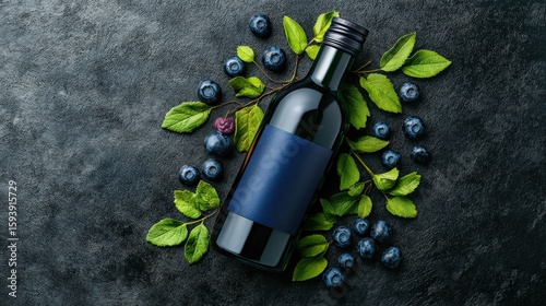 Overhead view of organic blueberry syrup bottle with contemporary typography label, paired with rustic textures and muted color tones.