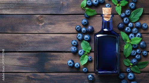 Overhead view of organic blueberry syrup bottle with contemporary typography label, paired with rustic textures and muted color tones.