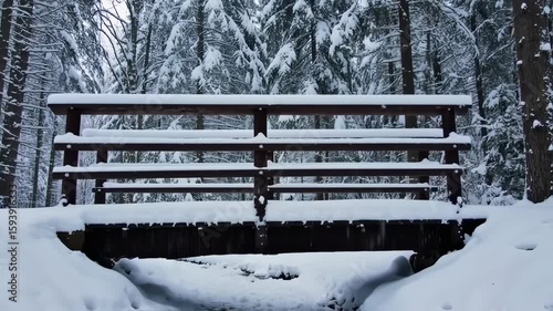 Snowy Bridge in Winter Forest: Serene Winter Landscape Scene