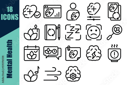 Mental Health Icon Set – Wellness, Therapy, Anxiety, Mindfulness, Self Care, Stress Relief Vector Icons