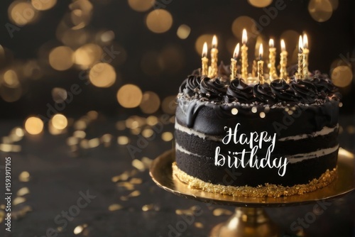 Festive black birthday cake with candles on gold stand, surrounded by confetti, 'Happy Birthday' in cursive, creating warm glow.