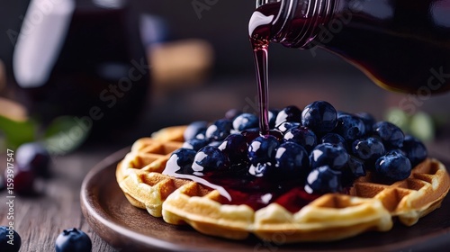 Pouring shot of Blueberry Craft syrup over waffles, deep purple tones and clean modern label, ideal for organic print advertisements.