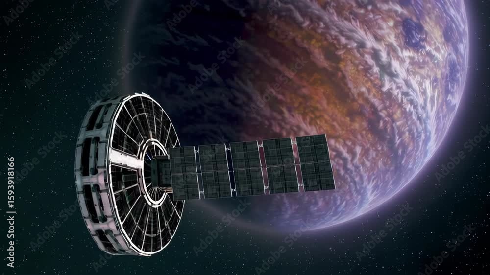 Satellite orbiting earth with majestic planetary backdrop in deep space