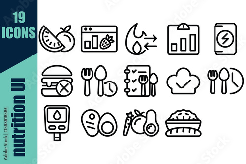 Nutrition UI Icon Set – Healthy Food, Calorie Tracker, Meal Planner, Diet App, Fitness, Line Icons