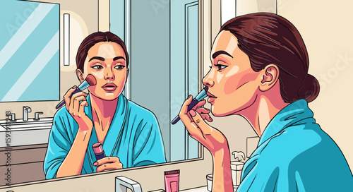 Woman applying makeup in bathroom mirror, for beauty blogs
