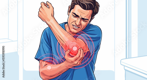 Man experiencing intense elbow pain, medical illustration