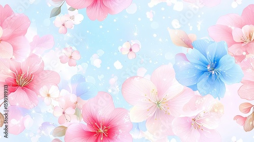 Seamless floral pattern with dreamy glowing petals, soft pastel blossoms, floating sparkles, and misty swirls creating a magical atmosphere.