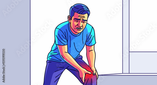 Man experiencing knee pain, illustrated in vibrant colors, for medical websites
