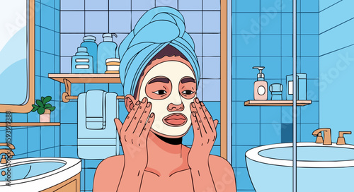 Woman applying face mask in bathroom, for beauty blogs