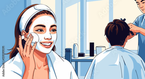 Woman applying face mask, happy, self care routine, spa salon, for beauty blogs