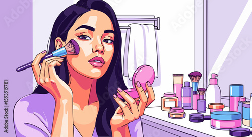 Woman applying makeup in bathroom, with copy space