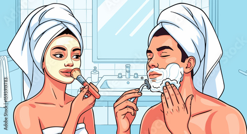 Couple performing skincare routine in bathroom, for beauty blogs