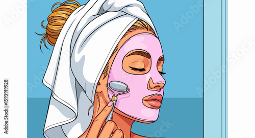 Woman applying face mask, using facial roller, in bathroom, for skincare routine
