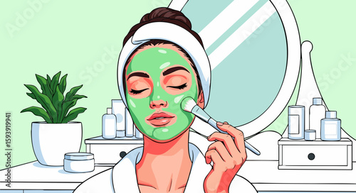 Woman applying face mask, green tones, pop art style, for beauty blogs
