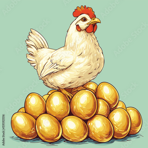 Chicken on top of big pile of golden eggs, vector style simple color