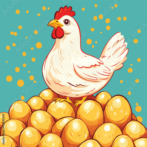 Chicken on top of big pile of golden eggs, vector style simple color