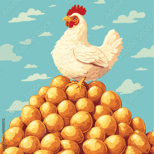 Chicken on top of big pile of golden eggs, vector style simple color