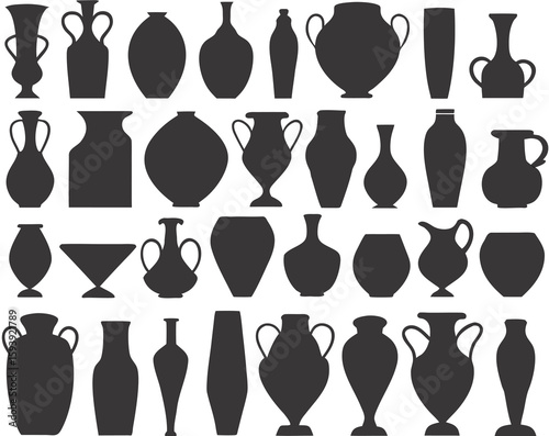 Black set of ceramic pot. Silhouette collection of icons with bowl. Retro ceramic vases in trendy minimalist style. Vector pottery icons for logo, postcard, posters, posts and stories